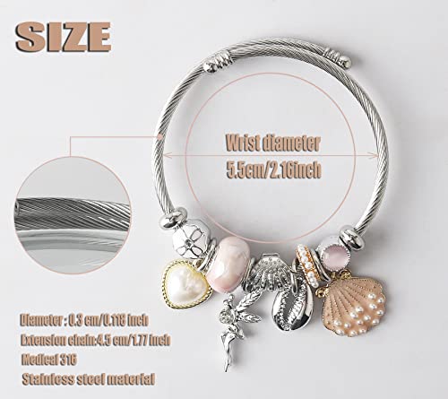 DS Charm Bracelets for girls,exquisite cute cartoon friendship bracelets Silver Stainless Steel Bangle with birthday Gift box, Adjustable girls jewelry Suitable for holiday gifts - style: Silver-Pink Shell Angel