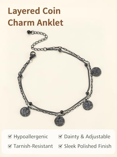 FindChic Ankle Bracelets for Women, Silver/Black/Gold Plated Layered Stainless Steel Anklets, Non-Tarnish Adjustable Waterproof Trendy Foot Jewelry for Beach Summer - style: Layered Coin Charm-Black