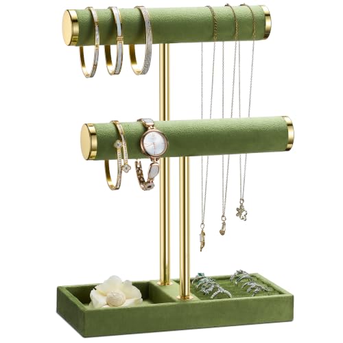 bussdis 2 Tier Bracelet Holder Display, Necklace Holder Organizer, Green | Velvet Necklace Holder | Jewelry Tree | Jewelry Towers | Jewelry Stand Organizer for Necklaces, Bracelets, Earrings, Rings - color: Green