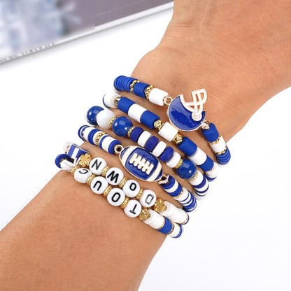 Ardorchid Halloween Bracelets for Women Pumpkin Ghost Steleton Bat Skull Beaded Stackable Stretchy Bracelet Rugby Thanksgiving Christmas Heishi Bracelets - color: Game Day-Blue
