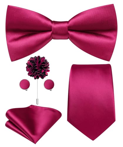 Hi-Tie 5Pcs Mens Solid Color Silk Tie Satin Pretied Bowtie Lapel Pin for Men Handkerchief Cufflink Wedding Gift Box - color: Hot Pink