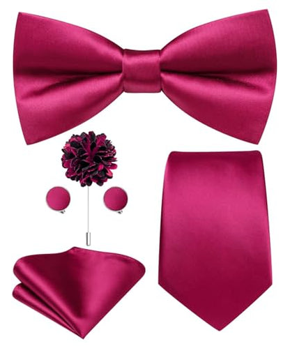 Hi-Tie 5Pcs Mens Solid Color Silk Tie Satin Pretied Bowtie Lapel Pin for Men Handkerchief Cufflink Wedding Gift Box - color: Hot Pink