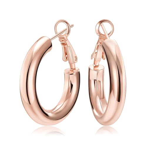SHOWNII Chunky Gold Hoop Earrings - 14K Gold Plated Earrings for Women Hollow Tube Lightweight Thick Hoops 20/25/30/40mm Valentines Graduation Mother's Day Birthday Gifts - color: 30 Millimeters-Rose Gold Plated