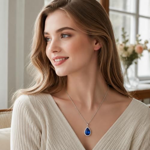 VONSSY Classic Oval Pendant Gemstone Necklace | Crystal Ruby Sapphire Waterdrop Birthstone Teardrop Emerald Necklace | 18K Platinum Gold Plated Chain | Jewelry Gift for Mother Wife Girlfriend - color: NL-Sapphire-Platinunm