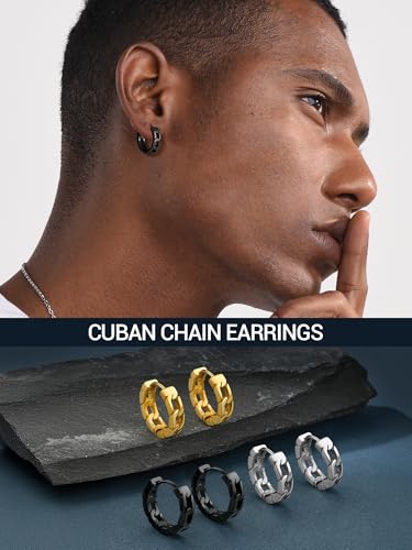 PROSTEEL Stainless Steel Huggie Hoop Earrings for Mens Gold/Black/Silver | Skull/Infinity Pattern, Spike/Cuban Links 4 Design Options Hypoallergenic Lightweight Earring Hip Hop Punk Gothic Jewelry - style: Cuban Links-Black