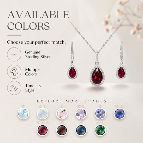 Jewelry Sets for Women, Necklace and Earring Sets for Women, Birthstone Jewelry, Genuine or Synthetic Gemstones, Teardrop Necklace and Dangle Earrings, Pendant Necklace, Sterling Silver Jewelry - color: Synthetic Ruby