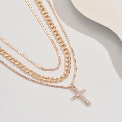 Necklace 14K Gold Plated Three-Layer Sparkling Cross Pendant Elegant Timeless Design Lobster Clasp Adjustable Extender - style: 14K Gold 3-Layered Cross with Diamond