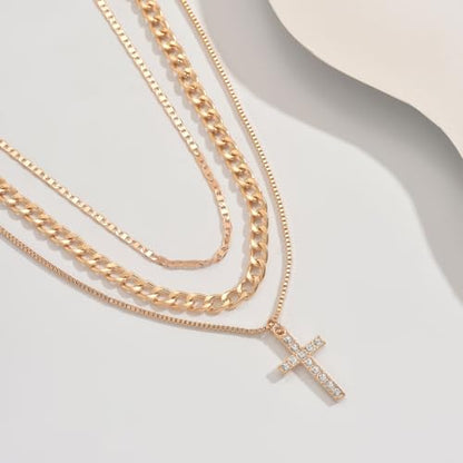 Necklace 14K Gold Plated Three-Layer Sparkling Cross Pendant Elegant Timeless Design Lobster Clasp Adjustable Extender - style: 14K Gold 3-Layered Cross with Diamond