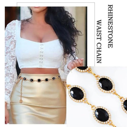 Red Rhinestone waist chain for Women Western Belt Golden Jewelry Chain - color: Black
