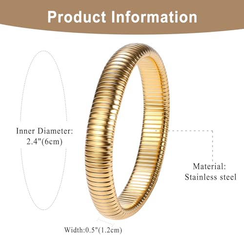 NMQLX Women's Elastic Bangle Bracelets: Stainless Steel Gold Chunky Wristband Bracelets - color: Gold - 12mm