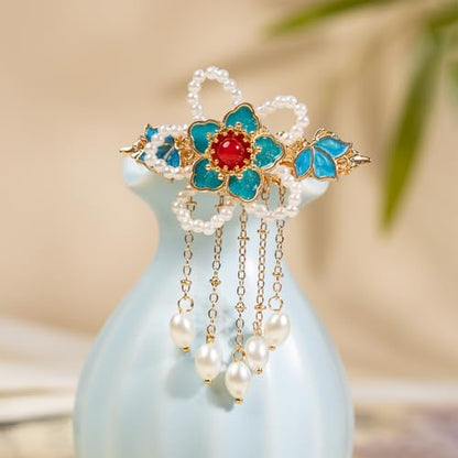 A Pair Wedding Hair Clips, Handmade Floral Design Crystal Hair Clips Pearl Barrettes, Rhinestones Flower Clips Pearl Headpieces Hair Pins Hair Accessories for Women Girls (Blue&White Flower) - color: Blue&White Flower