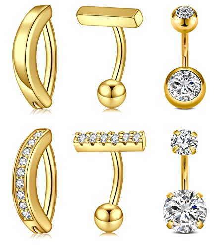 QWALIT Belly Rings - Short Bar Belly Button Rings in Surgical Steel with Opal Stones - 6mm & 10mm - color: A13-Gold short 6mm-6pcs