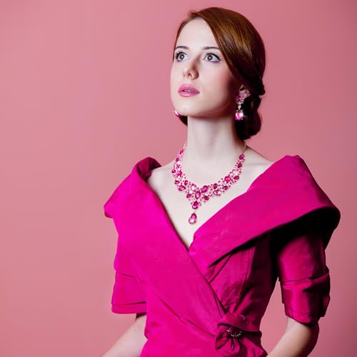 Hicarer Bridal Teardrop Cluster Crystal Jewelry Set for Women Necklace Earrings Wedding - color: Rose Red