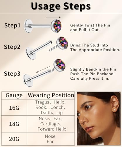 16G 18G 20G 3PCS G23 Titanium Push in Labret Monroe Stud Threadless Lip Ring Opal CZ Nose Stud Pure Titanium for Sensitive Skin Cartilage Helix Tragus Earrings Stud 6MM 8MM 10MM - style: 16G-Gold