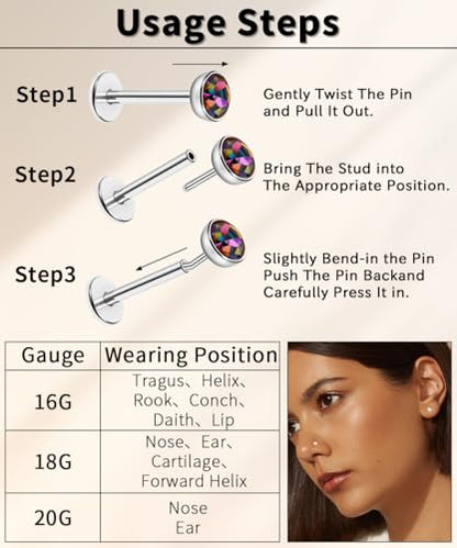 16G 18G 20G 3PCS G23 Titanium Push in Labret Monroe Stud Threadless Lip Ring Opal CZ Nose Stud Pure Titanium for Sensitive Skin Cartilage Helix Tragus Earrings Stud 6MM 8MM 10MM - style: 18G-Sliver