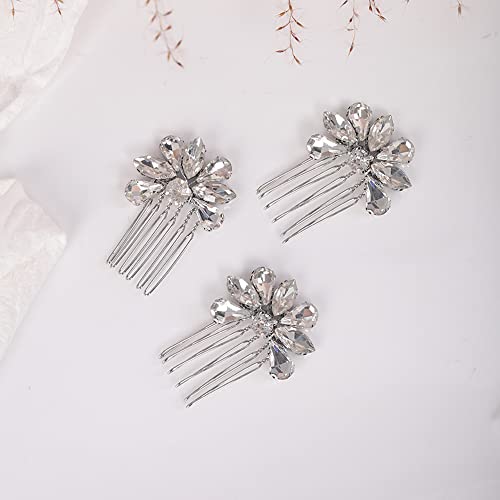 Teyglen Simple Rhinestones Crystal Bride Wedding Hair Comb Set Handmade Red Blue Black Crystal Side Hair Combs Bridal Hair Jewelry Set for Women Bride Girls (Silver) - color: Silver
