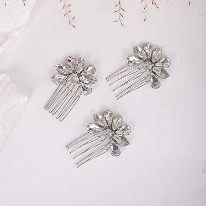 Teyglen Simple Rhinestones Crystal Bride Wedding Hair Comb Set Handmade Red Blue Black Crystal Side Hair Combs Bridal Hair Jewelry Set for Women Bride Girls (Silver) - color: Silver