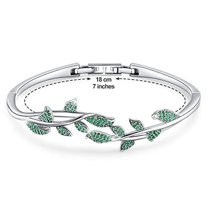 Green Leaves Bangle Bracelets For Women 18K White Gold Plating Adjustable Bracelets with Crystal For Wife Girlfriend Or Mothers Idea Gift For Mother's day (Green)