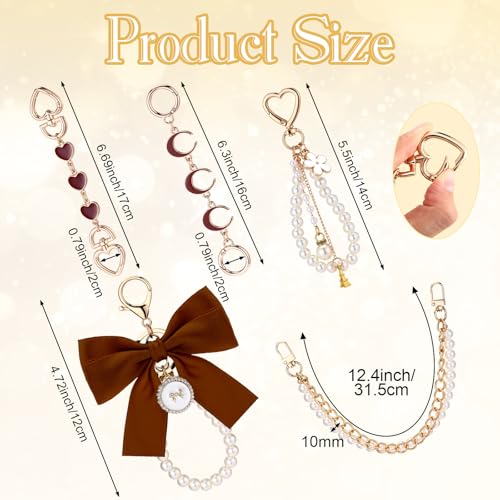 Sureio 5 Pcs Bag Extender Chain Pearl Purse Chain Ribbon Bow Keychain Extender Bag Strap Purse Charms Accessories for Handbag - color: Brown and Gold