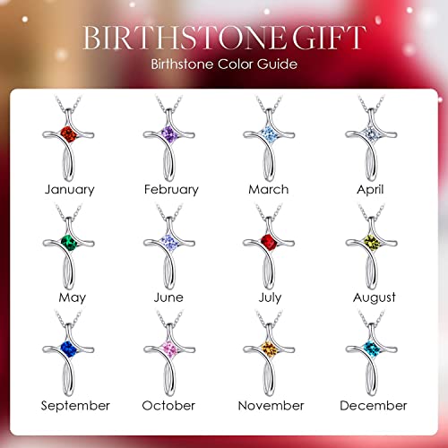 Cross Necklace for Women 925 Sterling Silver Birthstone Necklace for Women | Silver Necklaces with Diamond Sideways Birthstone Jewelry Gifts for Women 45+3cm Adjustable Chain - color: 07-July-Ruby
