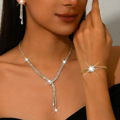 4 Pieces Cubic Zirconia Wedding Jewelry Sets for Bride Rhinestone Bridal Jewelry Set Necklace Bracelet Earring Ring for Brides Bridesmaid for Wedding Party - color: 4 PCS-Gold