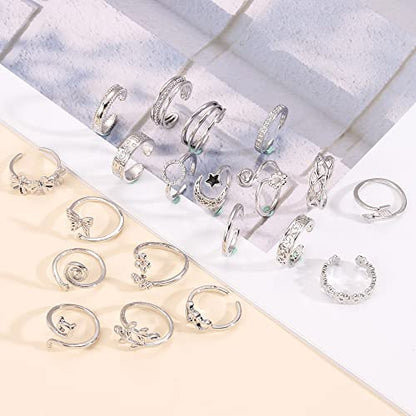 Staligue 20pcs Adjustable Toe Rings Set for Women Fingers Joint Tail Summer Beach Arrow Flower Open Rings Foot Jewelry - color: Silvery