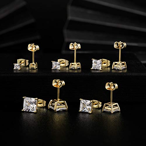 MDFUN 5 Pairs Square Earrings Set for Women Hypoallergenic 18K White Gold/Yellow Gold/Rose Gold Plated Princess Cut Clear Cubic Zirconia Stud Earring 3-7MM Pack of 5 - color: Yellow Gold