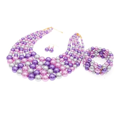 Faux Big Pearl Srand Necklaces for Women 5 Layers Pearls Choker Bib Collar Necklace Bracelet and Earrings set 1920s Costume Pearl Jewelry Bridal Wedding - color: colorful purple