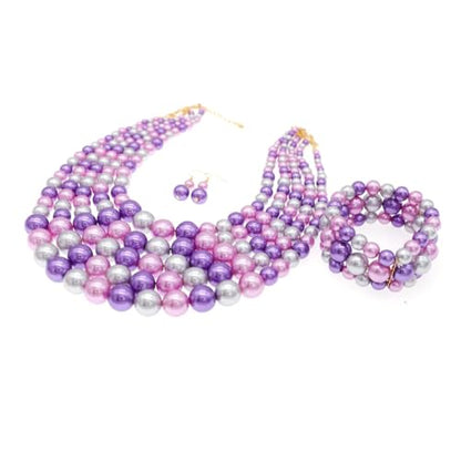 Faux Big Pearl Srand Necklaces for Women 5 Layers Pearls Choker Bib Collar Necklace Bracelet and Earrings set 1920s Costume Pearl Jewelry Bridal Wedding - color: colorful purple