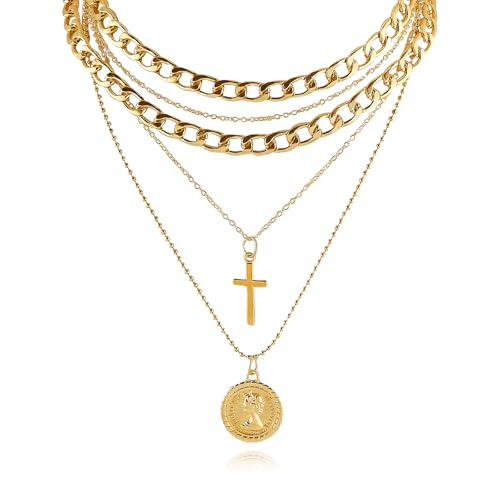 Todenb Layered Gold Pirate Necklace for Women Chunky Chain Pirate Jewelry 80s 90s Coin Pendant Necklace Pirate Costume Accessories - color: Cross g