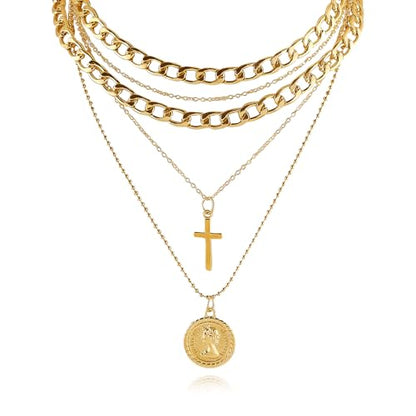 Todenb Layered Gold Pirate Necklace for Women Chunky Chain Pirate Jewelry 80s 90s Coin Pendant Necklace Pirate Costume Accessories - color: Cross g