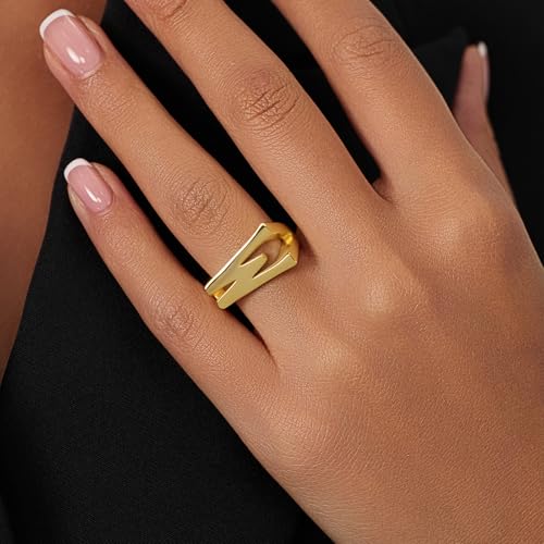 Cicy Bell Initial Rings for Women 18k Gold Plated Adjustable Rings | Open Signet Rings, Bold Letter, Personalized Engraved, For Party - color: Initial-W