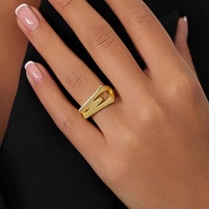 Cicy Bell Initial Rings for Women 18k Gold Plated Adjustable Rings | Open Signet Rings, Bold Letter, Personalized Engraved, For Party - color: Initial-W