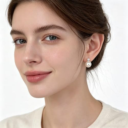 10mm White Faux Pearl Stud Earrings with 3mm Cubic Zirconia Inlay, Hypoallergenic Lightweight S925 Silver Post Earrings for Women
