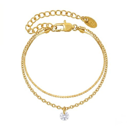 Layered Anklet for Women, 18K Gold Plated Stainless Steel Dainty Double Chain Ankle Bracelet, Minimalist CZ Foot Jewelry Gift