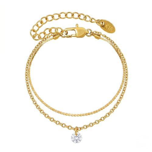 Layered Anklet for Women, 18K Gold Plated Stainless Steel Dainty Double Chain Ankle Bracelet, Minimalist CZ Foot Jewelry Gift