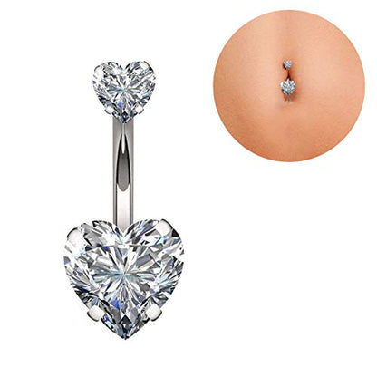 YHMM 14G Surgical Steel Belly Button Rings Double Heart Cubic Zirconia Navel Barbell Stud Body Piercing - color: A: Silver Tone