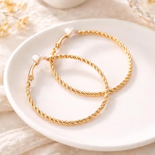 Symvikio Large Clip On Hoop Earrings for Women,14K Gold Big Circle Clip Hoops Chunky Earring Clips for Non Pierced Ears Lightweight Jewelry Gifts 50mm - color: Gold