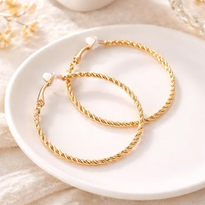 Symvikio Large Clip On Hoop Earrings for Women,14K Gold Big Circle Clip Hoops Chunky Earring Clips for Non Pierced Ears Lightweight Jewelry Gifts 50mm - color: Gold