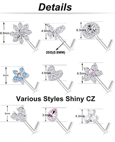 9Pcs Nose Rings Stud L Bone Screw Shaped Nose Ring Flower CZ Snowflake Butterfly Screw Nose Stud Body Piercing Jewelry for Women Men 20G Silver Gold Rose Gold Tone - color: A:Silver Tone