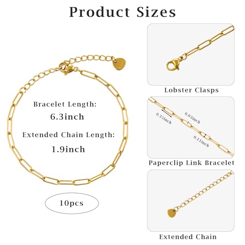 KYUNHOO 10 PCS 6.3 Inches Stainless Steel Paperclip Bracelet Chains Bulk | Gold Plated 3MM Wide Paperclip Chain Bracelet for Jewelry Making with Extender Chain - color: 3x9 paperclip gold