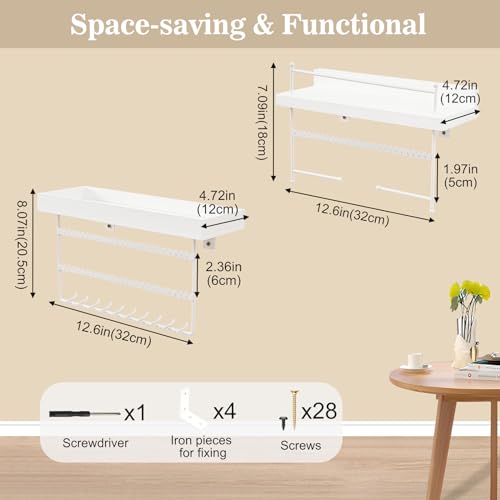 Lolalet Wall Mount Hanging Jewelry Organizer -Set of 2, White | Versatile Hanging Holder with Hooks for Earrings, Bracelets and Necklaces, Easy to Install on Bathroom Wall - color: White