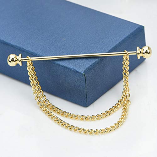 Men's Gold Plated Brass Collar Bar with Double Hanging Chain Tassel Shirt Tie Bar Collar Brooch - color: Gold Ball with Base Head