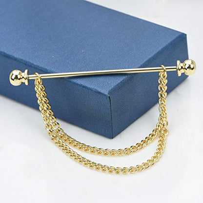 Men's Gold Plated Brass Collar Bar with Double Hanging Chain Tassel Shirt Tie Bar Collar Brooch - color: Gold Ball with Base Head
