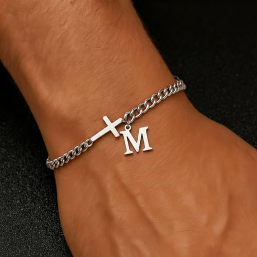 Cross Cuban Link Bracelets for Men Initial A - Z Faith Cross Bracelets, Stainless Steel Fashion Initial Charm Chain Bracelet Religious Jewelry Gift for Men - color: Silver M