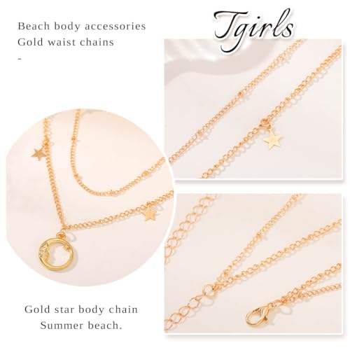 Tgirls Gold Waist Chain for Women Rhinestone Layered Belly Chains Beads Body Chain Heart-Shaped Beach Body Jewelry for Summer - style: Star 2