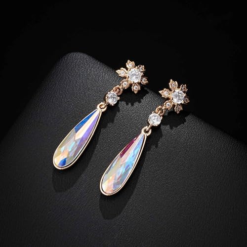 Austrian Crystal Teardrop Earrings Flower Dangle Earrings for Women 14K Gold Plated Drop Stud Earrings Hypoallergenic Jewelry - color: Aurora Borealis
