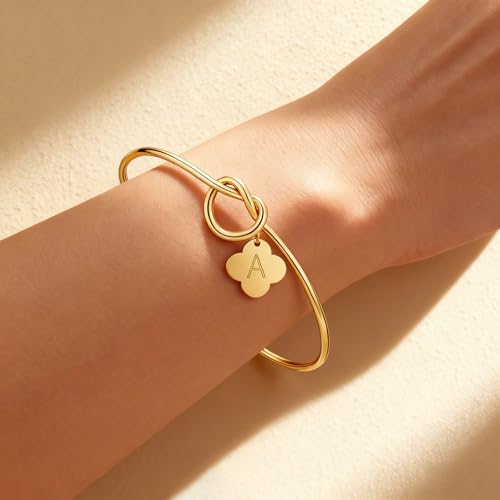 2Pcs Gold/Silver Initial Bracelets for Women Dainty Knot Letter A-Z Initial Bracelet for Women, Personalized Cuff Bangle Bracelet Jewelry Gifts for Women - color: A
