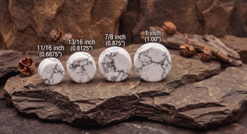 Pair of Solid White Howlite Semi Precious Stone Double Flare Ear Plugs E629 - size: 5/8 Inch (16mm)