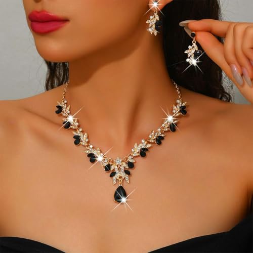 Rhinestone Bridal Wedding Jewelry Sets Gold Necklace Earrings Set Leaf Prom Formal Costume Jewelry Set for Women and Brides - color: Black Gold